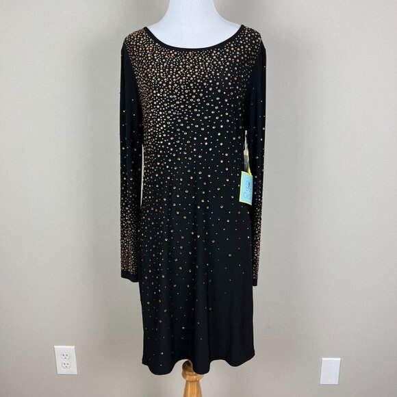 CeCe Dress Medium Black Gold Rhinestone Studded Sheath Long Sleeve‎ Above Knee - Picture 1 of 13